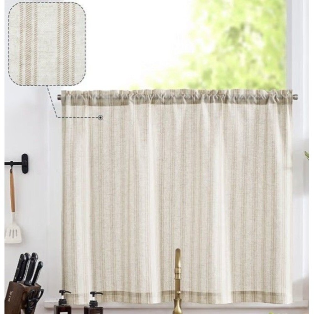 Jinchan Linen Kitchen Curtains 36 Inch Length Striped Tier Curtain 1 Panel